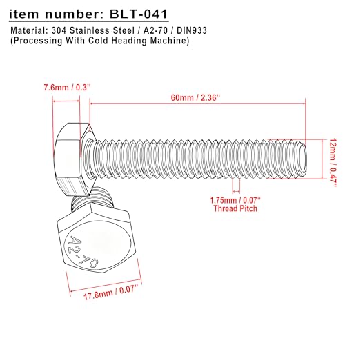 Pack of 5 M12x60mm 304 stainless steel hex head cap screws, 1.75mm thread pitch by MARO MEGASTORE