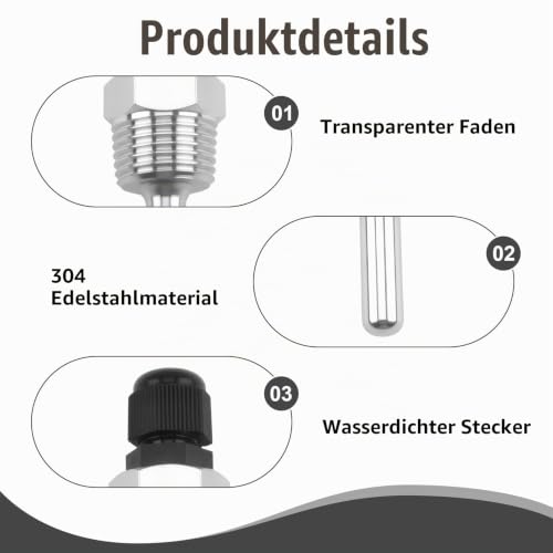 Set of 2 Immersion Sleeves, 1/2 Stainless Steel, Temperature Sensor, 8 x 50 mm, 1/2 Inch Stainless Steel Immersion Sleeve, 8 x 50 mm with G1/2 Thread for Sensors, Collectors, Heating Systems, Industrial Use