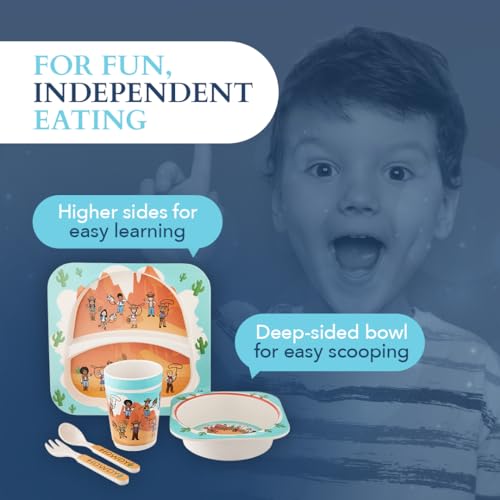 Western Cowboys Themed Kids Dinnerware - 5 Piece Set, Bamboo Fiber Plate, Bowl & Cup, Toddler Safe Utensils 5 Piece Western Dinnerware
