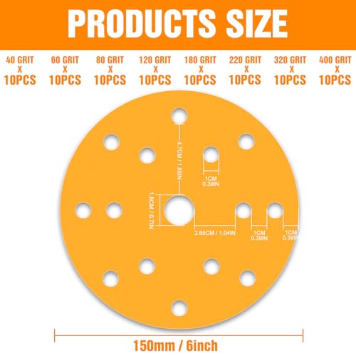 KONGMING Pack of 80 Sandpaper 150 mm Velcro Grit 40 60 80 120 180 220 320 400 15 Hole for Random Orbital Sanders 15 Hole Yellow Pack of 80 grit mix