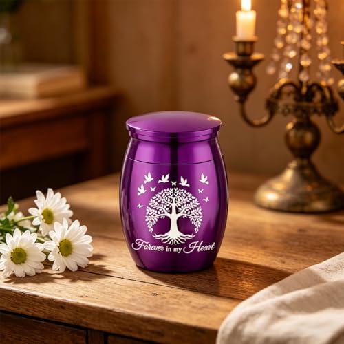 Small Keepsake Urn for Human Ashes Tree of Life Cremation Urns Mini Set of 7 Urns Perfect Stainless Steel Memorial Ashes Holder Small Funeral Ash Urn-Forever in My Heart (7Pcs-Purple) 7pcs-purple