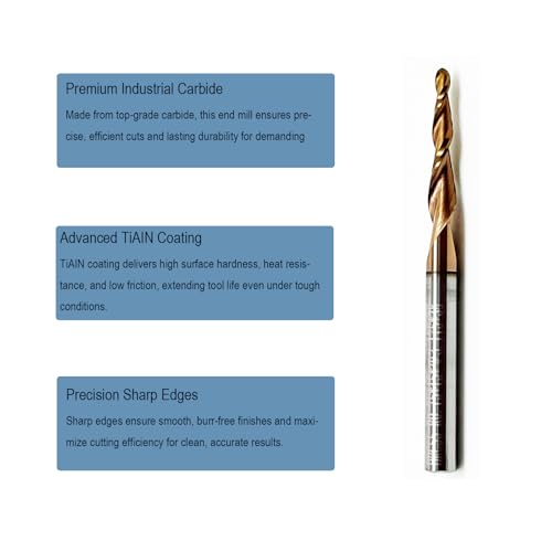 Hwaynct 5-piece tapered ball nose end mill set with 1/8-inch shanks for CNC 3D woodworking and detail carving