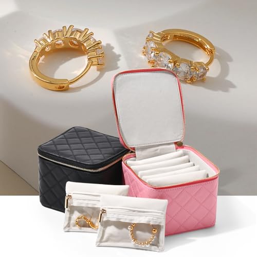 Travel Jewelry Box Organizer - Small Jewelry Case with 6 Small Velvet Zipped Pouches Pockets for Jewelry Necklaces Rings Earrings Storage(Pink) Pink