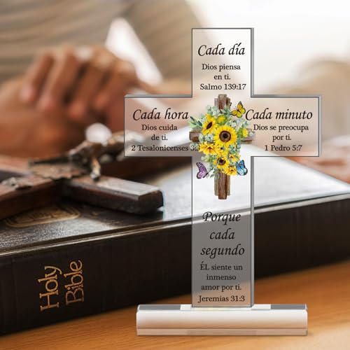 Shellwei Spanish Christian Gift for Women Acrylic Religious Inspirational Gift End of Year Spanish Verse Cross Regalos Cristianos Para Mujer Bible Prayer Choice for Graduation Party Favor(Vivid) Vivid