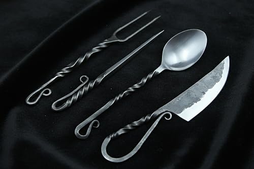 Hand Forged Medieval Cutlery Set - Viking Silverware Set with Leather Cover