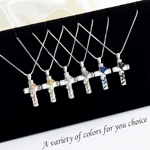 Rose Flower Cremation Jewelry for Ashes Pendant - Rose Flower Cross Urn Necklace with Mini Keepsake Urn Memorial Ash Jewelry Blue