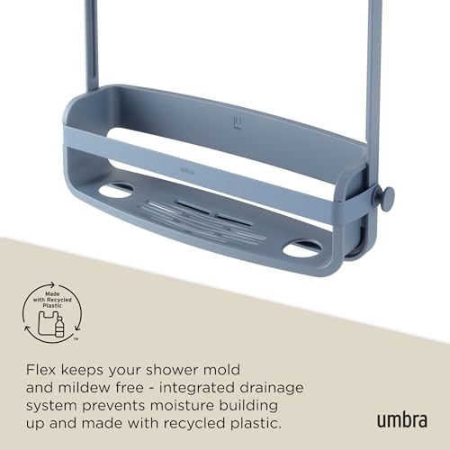 Umbra Flex Shower Caddy with two hanging shelves in slate blue for bathroom organization and storage.