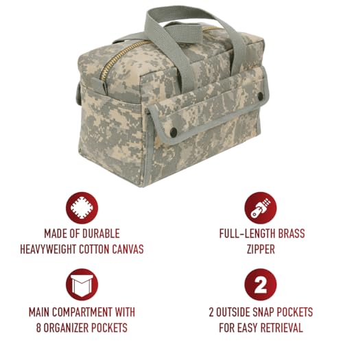 Rothco mechanics tool bag in ACU digital camo with brass zipper on top and front view