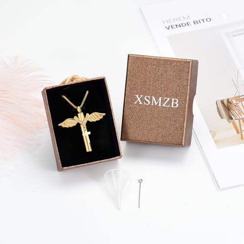 XSMZB Wings Cylinder Cremation Jewelry for Ashes Pendant Cross Urn Necklace for Ashes for Men Women Keepsake Locket Jewelry Gold