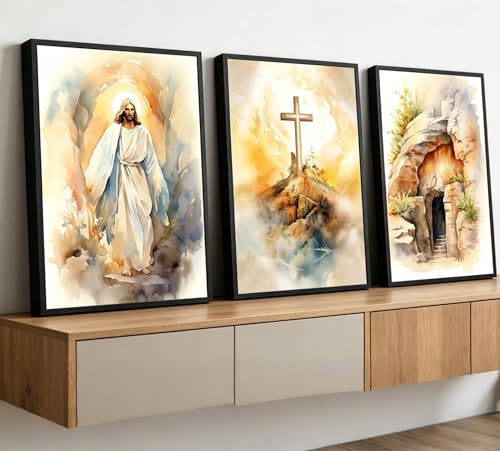 3Pcs Jesus Canvas Wall Art Bible Stories Wall Decor God Resurrection Ascension Painting Pictures Empty Tomb Cross Poster Prints for Bedroom Prayer Room Church Easter Home Decoration 16X24 16x24in