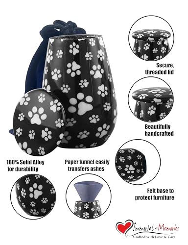 Paw Print Keepsake Cremation Urn for Pet Ashes – Small Memorial Urn for Dog or Cat Ashes, Handcrafted Aluminum Keepsake Urn for Sharing Ashes, Pet Memorial Urn with Paw Prints (Black) Black