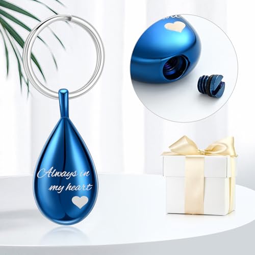 Cremation Keychain for Ashes Always In My Heart Urn Locket Cremation Jewelry Teardrop Memorial Keepsake Keychain Blue