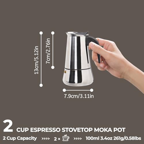 Stainless Steel Moka Pot Express Coffee Maker Stovetop Espresso Percolator Silver 2 Cup