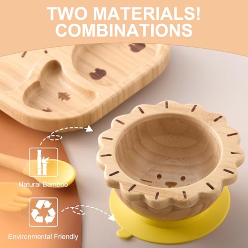 Suction Plates Bowls Set for Baby Toddler Non-Toxic Bamboo Feeding Set with Silicone Fork & Spoon (Yellow Feeding Set) Yellow Feeding Set