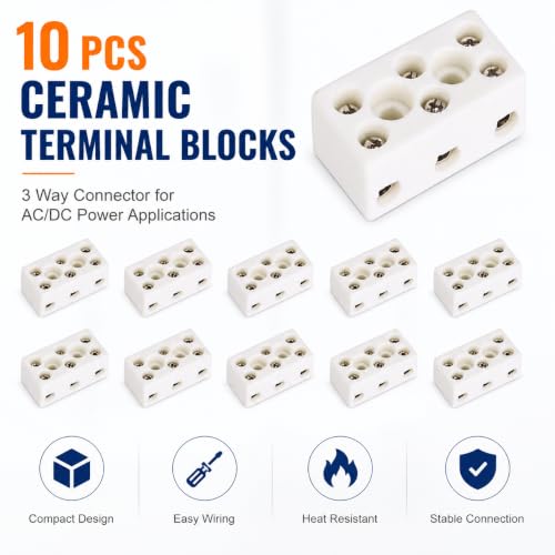 Ceramic Terminal Blocks, Ceramic Connectors, Pack of 10 3 Way 24A TC-613 Porcelain Connectors, High Temperature Resistant Terminal Block for Electrical Wiring