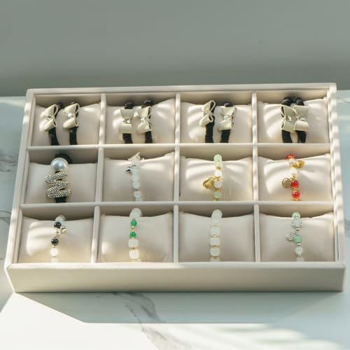 Jewelry Watch Tray, Beige Velvet Watch Jewelry Organizer 12 Grid, Stackable Watch Bracelet Bangle Display Holder, Adjustable Pillows, for Man Woman Show Birthday