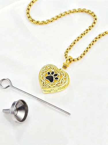 Pet Cremation Urn Necklace for Dog Cat Ashes 925 Sterling Silver 18K Gold Plated Paw Print Memorial Pendant Celtic Knot Keepsake Jewellery for Women Men 01B-Heart