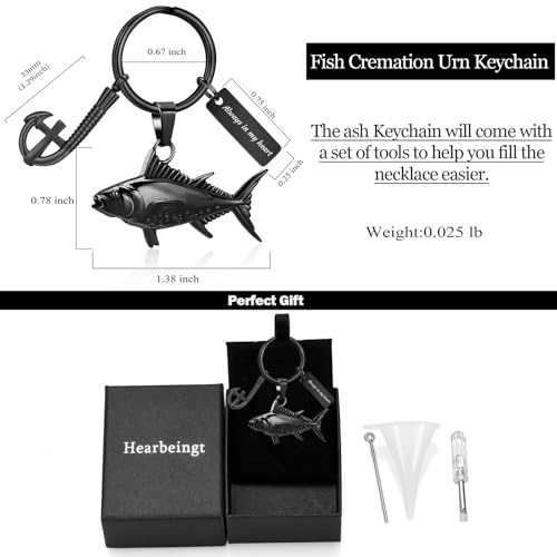 Hearbeingt Fish Hook Urn Keychain for Ashes Fishing Cremation Jewelry Black