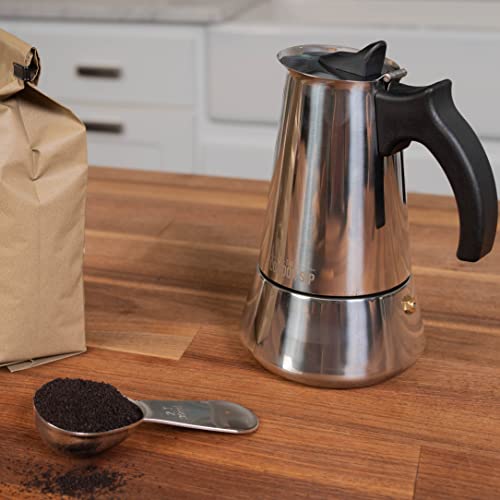 London Sip Stainless Steel Stovetop Espresso Maker Moka Pot Italian Coffee Percolator, Silver, 6 Espresso Cups Medium