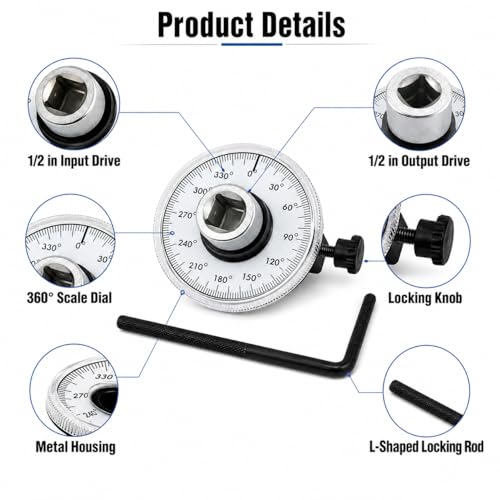 MASITE PCWJ 1/2-inch drive torque angle gauge adapter with 360° scale and dual adjustable arm