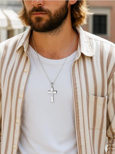 Jovivi Mens Cross Necklace for Men,Stainless Steel Silver Cross Crucifix Pendant Chain Necklace for Boys Men's Christian Confirmation Baptism Cross Chain Jewellery Easter Gifts Silver Cross Necklace