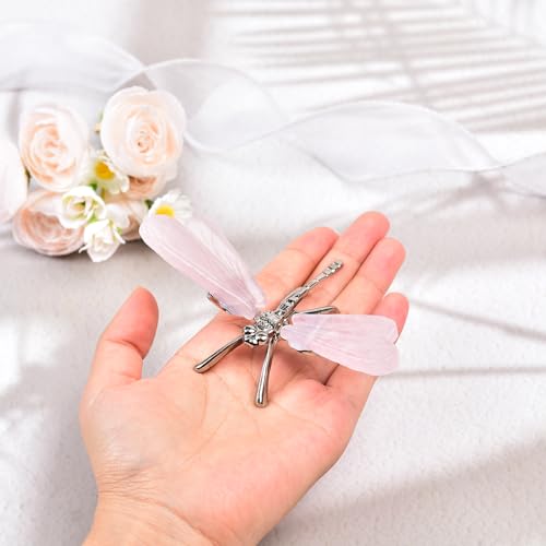 JIC Gem 2Pcs Natural Rose Quartz Crystal Dragonfly Figurines Pink Crystal Dragonfly Decoration Handmade Silver Dragonfly Crystal Healing Stone 4.0-4.5 Inch