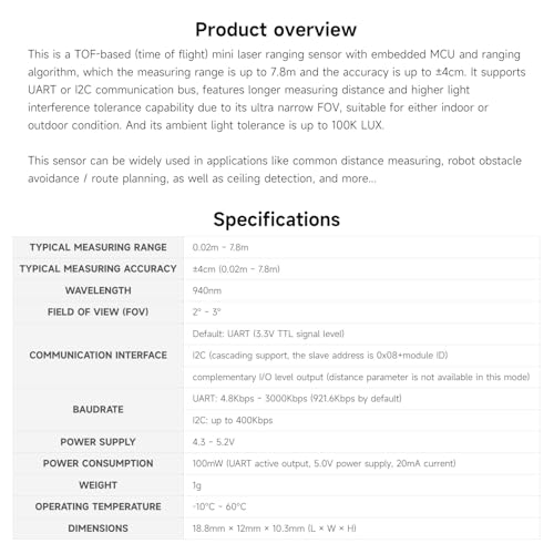 Waveshare TOF (Time of Flight) Mini Laser Range Sensor, UART/I2C Communication Support, Long Range