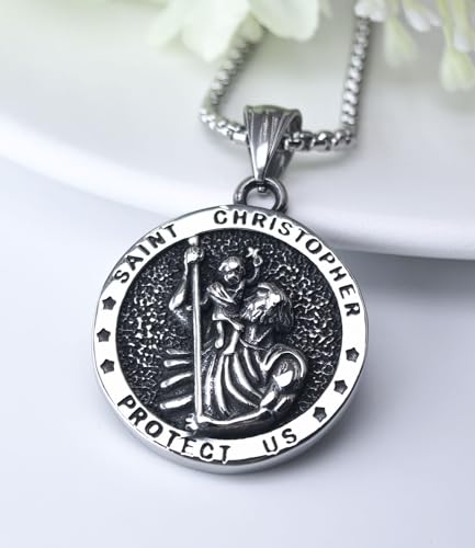 Wasee St Michael/St Christopher Medal Pendant Necklace for Men Religious Amulets Jewelry Gifts with 22"+2" Rolo Chain B01-Saint Christopher