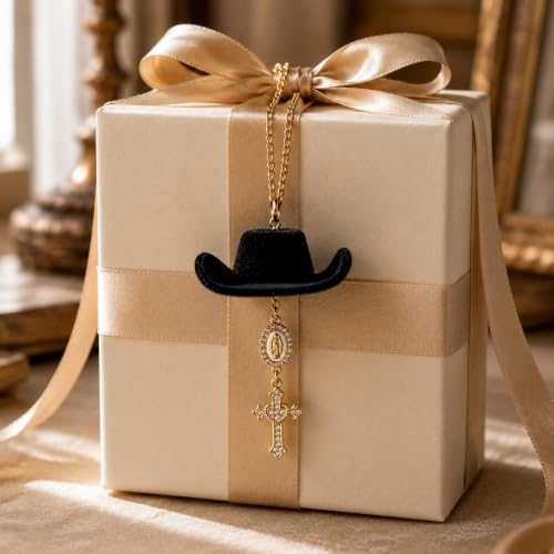 Baptism Car Charm Cowboy Hat Rear View Mirror, Virgin Mary Cross for Car Virgin Mary B