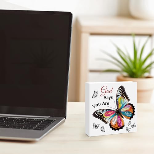 Christian Gifts for Women Birthday Christmas Butterfly Inspirational Gifts for Friends Family Coworker Religious Spiritual Gifts for Her Christian Wooden Sign for Home Office Shelf Desk Decor