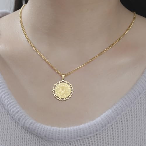 UNIFT Saint Christopher Medal Necklace for Women Men Stainless Steel Hollow Floral Border St Christopher Protect Us Pendant Driver Traveler Hikers Protection Amulet gold