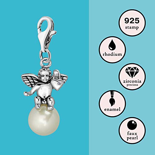 Quiges 925 Sterling Silver Angels Clip On Lobster Clasp Charm Pendant Angel with Pearl