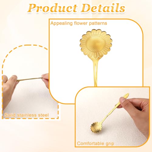 Ptwola 64 Pcs Flower Coffee Tea Spoons Stainless Steel Teaspoon Tea Party Spoons Cute Demitasse Scoop for Stirring Coffee Sugar Drink Kitchen Cafe Bar Tableware Party Favors Decor (Gold)
