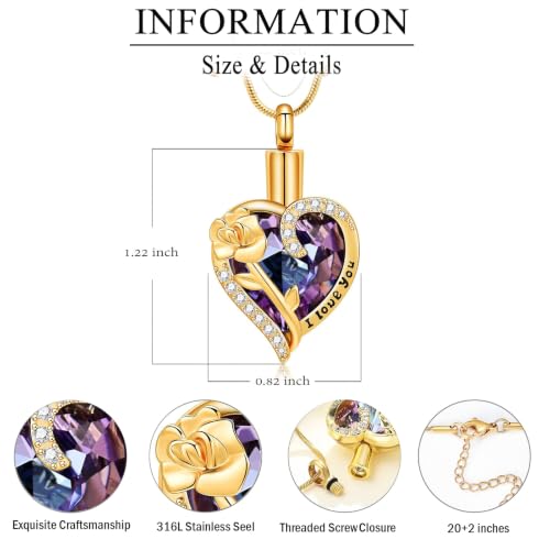 Heart Urn Necklace for Ashes Flower Crystals Cremation Jewelry for Women Purple-Gold