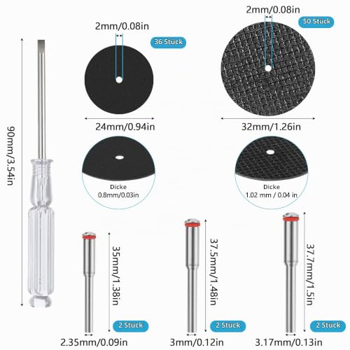 86 pieces cutting discs, 32 mm metal cutting wheels and 24 mm resin cutting discs with 6 pieces mandrel and screwdriver, resin circular saw blades for rotary tools