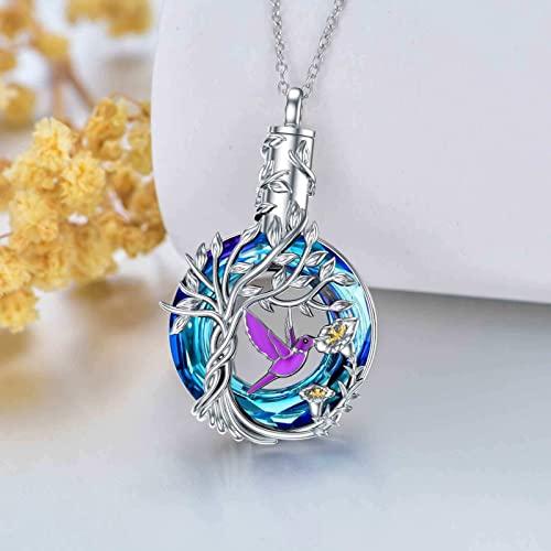 TOUPOP Owl/Hummingbird Tree of Life Necklace Sterling Silver Crystal Pendant Necklaces Jewelry Gifts for Women 4-Purple Hummingbird (Urn)