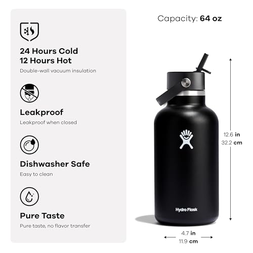 Hydro Flask Water Bottle - Insulated Stainless Steel - Wide Mouth Flex Straw Lid, Non Spill, Leakproof and Refillable in 64 Oz Tonal Agave 64 Ounces