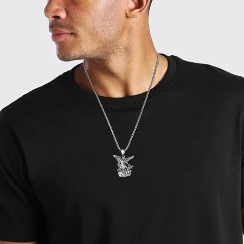 HZMAN Saint Michael Necklace, Stainless Steel St Michael the Archangel Pendant Amulet for Men Women Gift Silver
