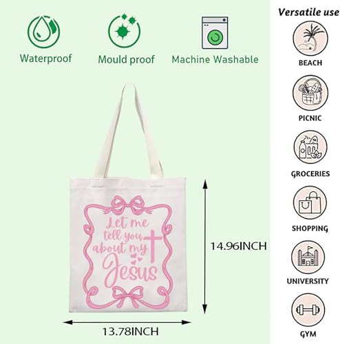 FOTAP Christian Coquette Merch Girly Christian Cross Tote Bag Let Me Tell You About My Jesus Quote Handbag Baptism Religious Gift Myjesus Tuk