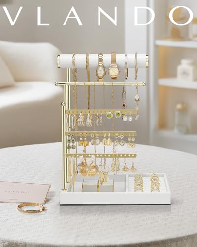 VLANDO Jewelry Stand Organizer with Ring Holder Tray, Necklace and Earring Storage for Bracelets, Watches and Rings, PU Leather Covered Wooden Tray with Gold Metal Frame - White