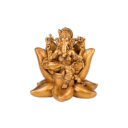 Artarium Padma Ganesh Idol 4.3 Inch, Golden Lord Ganesha Statue on Lotus, Ganpati Murti for Home Temple, Car Dashboard, Office Desk, Meditation Altar & Spiritual Gift #2 Padama Ganesha Idol