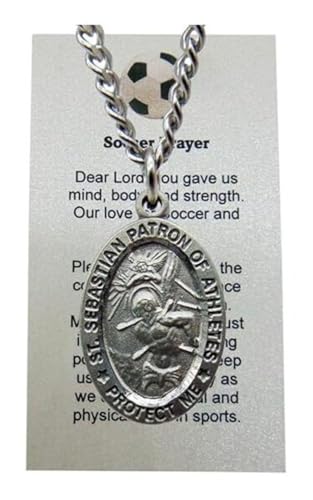Westmon Works St Sebastian Soccer Medal Set with Pewter Pendant Medallion on a Stainless Steel Chain Prayer Card Boxed