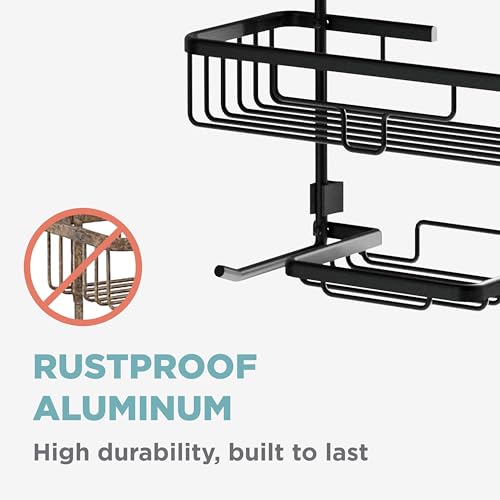 Zenna Home Rustproof Hanging Shower Caddy, Over the Shower Head Caddy with 2 Shelves and Built In Hooks, Aluminum Bathroom Hanging Organizer, Black