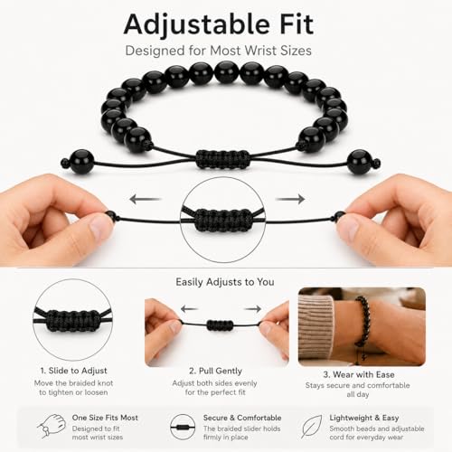 Black Obsidian Bracelet for Men Women Natural Stone Beaded Bracelet Adjustable Handmade Crystal Bracelet Protection Inspired Jewelry Gift