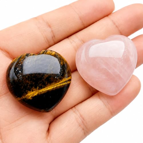 Tiger Eye & Rose Quartz Heart Set – 2 Natural Healing Crystal Hearts