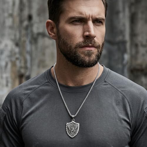 Stainless Steel St. Michael Shield Pendant Necklace for Men - 23.6Inches (60 cm), Antique-Finish Archangel Michael Protection Amulet, Religious Gift for First Responders