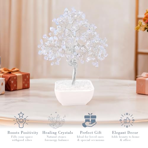 Clear Quartz Crystal Tree of Life – 7 Inch Master Healer for Energy Amplifying, Feng Shui Desk Decor with 243 Natural Gemstones – Handcrafted Silver Wire Gift Box for Meditation Spiritual Home Office Transparent