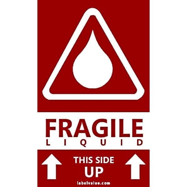 Fragile Liquid This Side Up Shipping Labels – 3" x 5", Red, Semi-Gloss, Permanent Adhesive, Warning Labels – Liquid Handling, Packaging & Shipping Use – 500 Labels per Roll | LabelValue