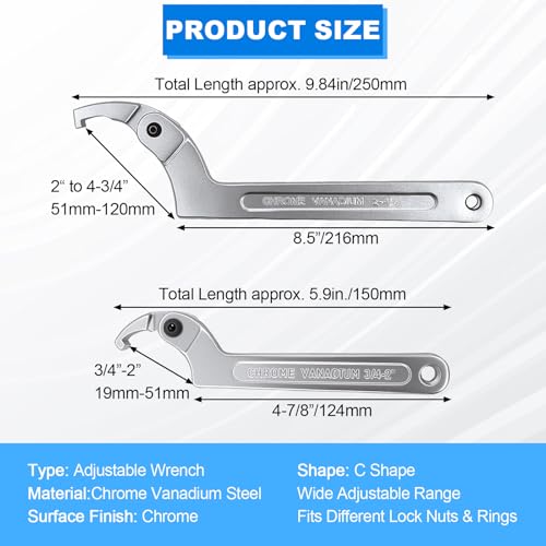 Adjustable C Spanner Hook Wrench Tool Set 3/4-2"(19-51mm)2-4 3/4"(51-121mm) Square head 2 Kinds of Size