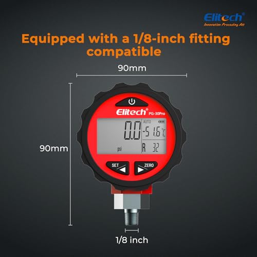 Elitech PG-30Pro digital high pressure gauge for refrigeration HVAC, 87 refrigerants, 14.5-800 PSI, 1/8-inch NPT